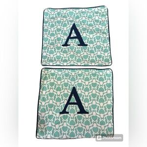 PB Teen pillow covers 16x16 Initial "A" hearts turtle aqua‎ navy personalized